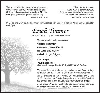 Traueranzeige von Erich Timmer von Neue Osnabrücker Zeitung GmbH & Co. KG