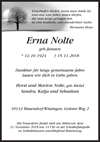 Traueranzeige von Erna Nolte von Neue Osnabrücker Zeitung GmbH & Co. KG