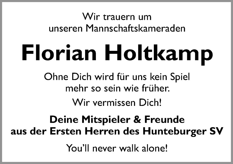  Traueranzeige für Florian Holtkamp vom 14.11.2018 aus Neue Osnabrücker Zeitung GmbH & Co. KG