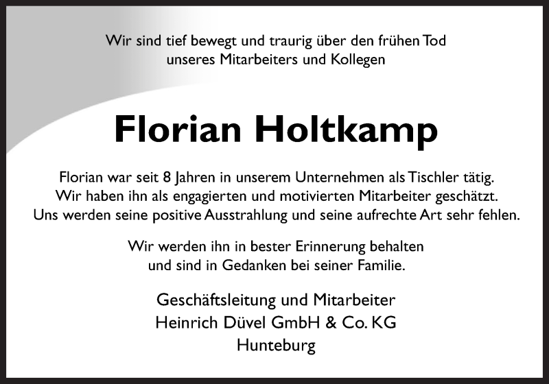  Traueranzeige für Florian Holtkamp vom 14.11.2018 aus Neue Osnabrücker Zeitung GmbH & Co. KG