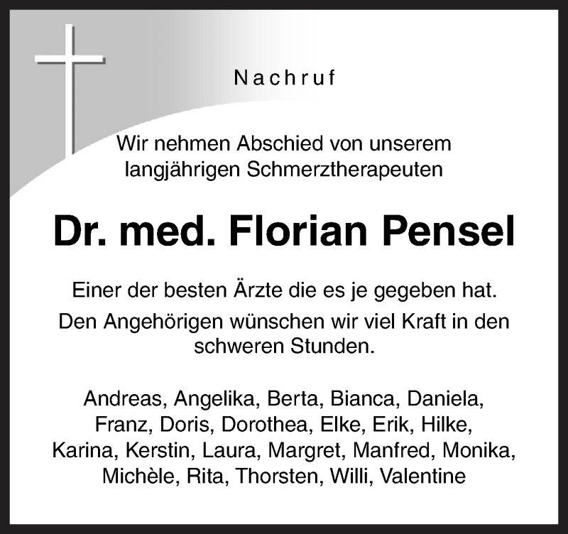  Traueranzeige für Florian Pensel vom 01.11.2018 aus Neue Osnabrücker Zeitung GmbH & Co. KG