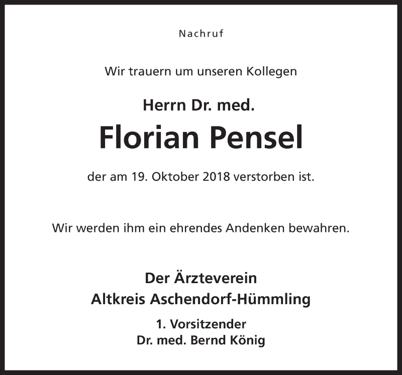  Traueranzeige für Florian Pensel vom 19.11.2018 aus Neue Osnabrücker Zeitung GmbH & Co. KG