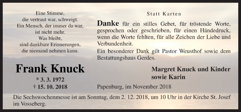  Traueranzeige für Frank Knuck vom 28.11.2018 aus Neue Osnabrücker Zeitung GmbH & Co. KG