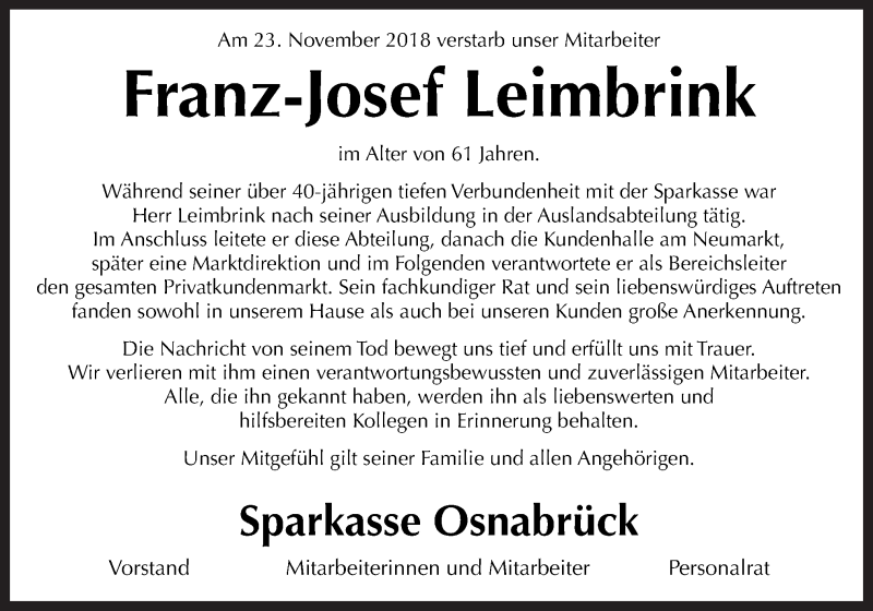  Traueranzeige für Franz-Josef Leimbrink vom 27.11.2018 aus Neue Osnabrücker Zeitung GmbH & Co. KG