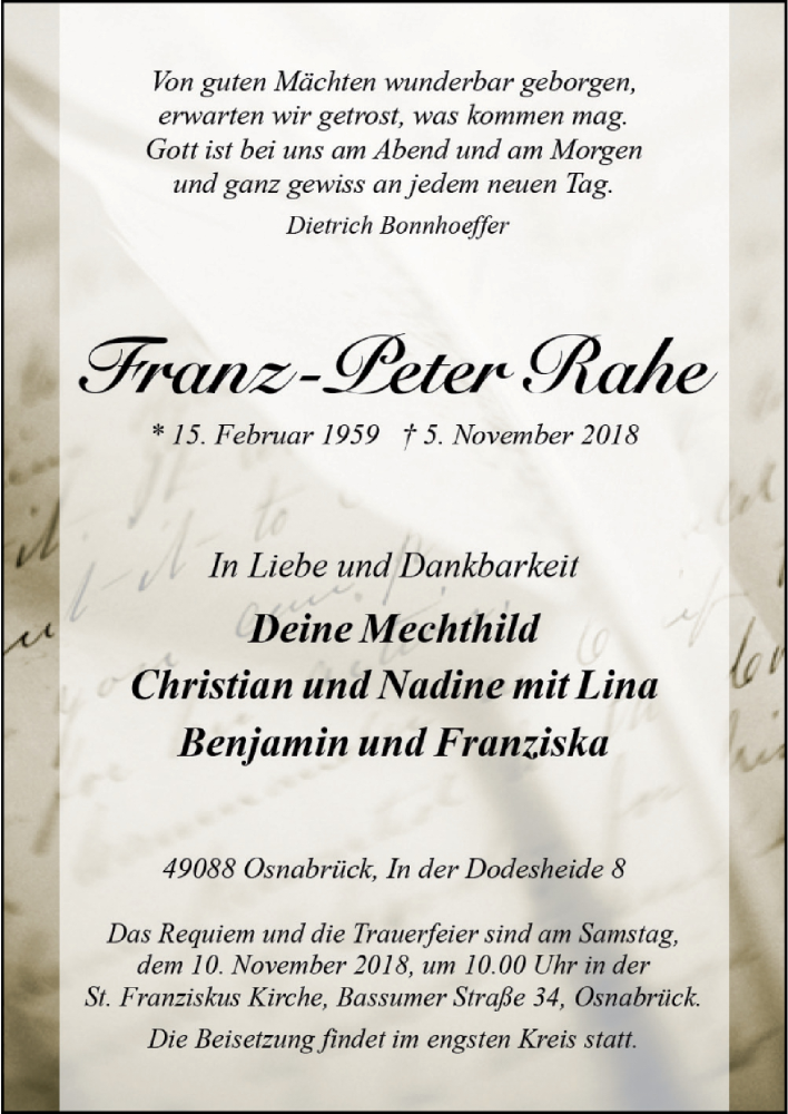  Traueranzeige für Franz-Peter Rahe vom 07.11.2018 aus Neue Osnabrücker Zeitung GmbH & Co. KG