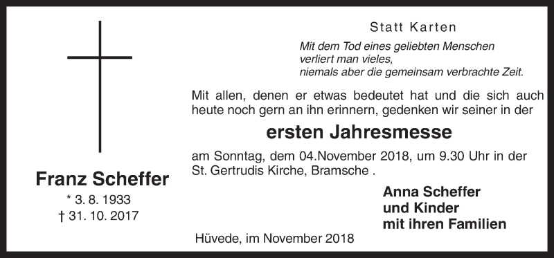  Traueranzeige für Franz Scheffer vom 01.11.2018 aus Neue Osnabrücker Zeitung GmbH & Co. KG