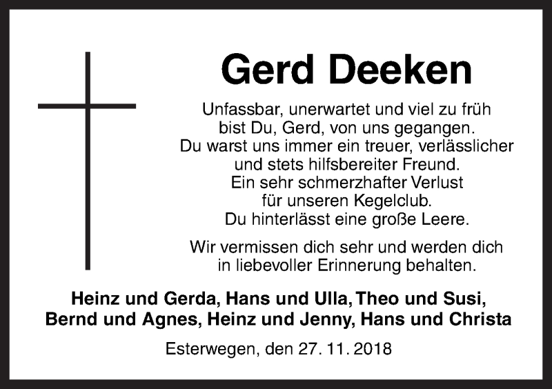  Traueranzeige für Gerd Deeken vom 27.11.2018 aus Neue Osnabrücker Zeitung GmbH & Co. KG