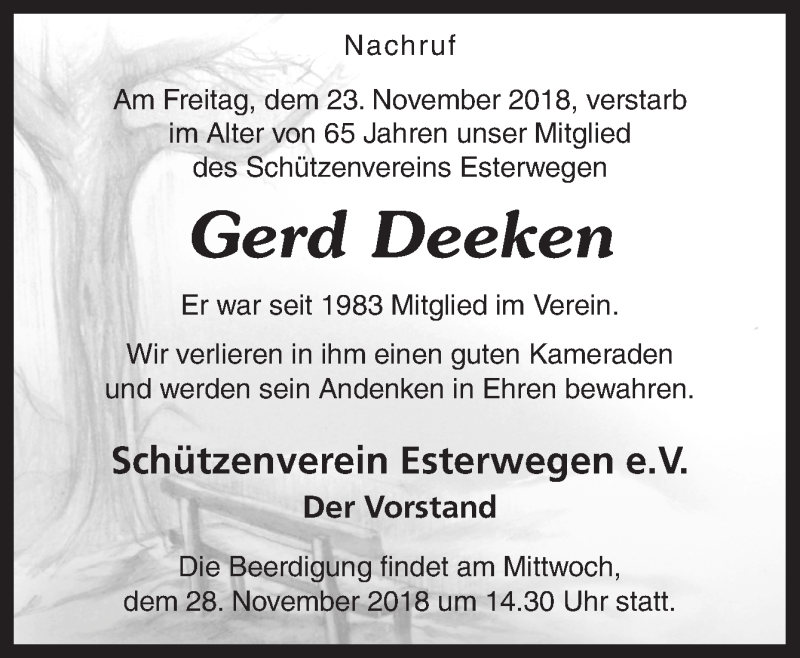  Traueranzeige für Gerd Deeken vom 28.11.2018 aus Neue Osnabrücker Zeitung GmbH & Co. KG