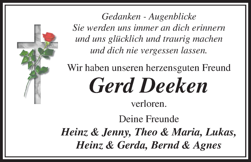  Traueranzeige für Gerd Deeken vom 27.11.2018 aus Neue Osnabrücker Zeitung GmbH & Co. KG