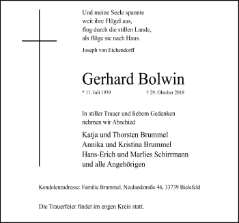 Traueranzeige von Gerhard Bolwin von Neue Osnabrücker Zeitung GmbH & Co. KG