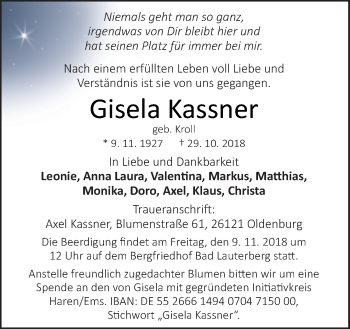 Traueranzeige von Gisela Kassner von Neue Osnabrücker Zeitung GmbH & Co. KG