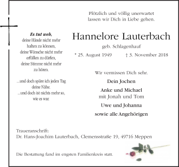 Traueranzeige von Hannelore Lauterbach von Neue Osnabrücker Zeitung GmbH & Co. KG
