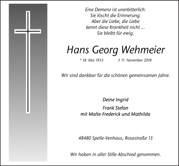 Traueranzeige von Hans Georg Wehmeier von Neue Osnabrücker Zeitung GmbH & Co. KG
