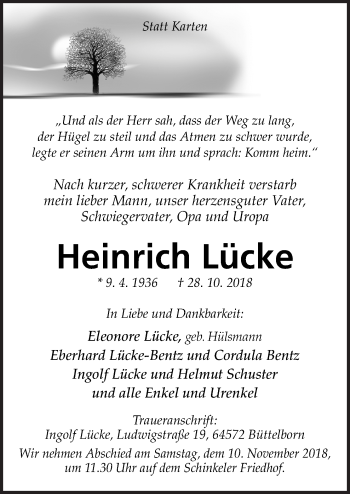 Traueranzeige von Heinrich Lücke von Neue Osnabrücker Zeitung GmbH & Co. KG