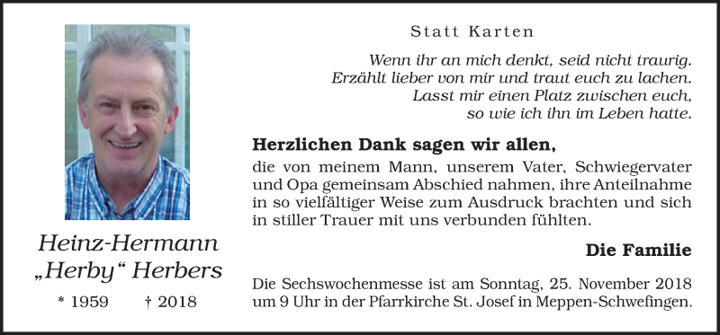 Traueranzeige für Heinz-Hermann Herbers vom 24.11.2018 aus Neue Osnabrücker Zeitung GmbH & Co. KG
