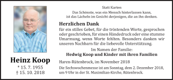 Traueranzeige von Heinz Koop von Neue Osnabrücker Zeitung GmbH & Co. KG