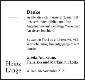 Traueranzeige von Heinz Lange von Neue Osnabrücker Zeitung GmbH & Co. KG