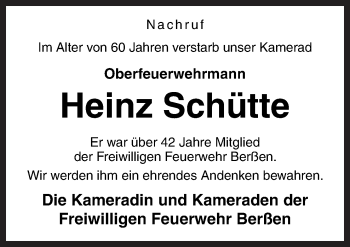 Traueranzeige von Heinz Schütte von Neue Osnabrücker Zeitung GmbH & Co. KG