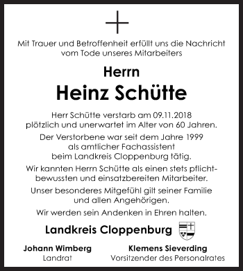 Traueranzeige von Heinz Schütte von Neue Osnabrücker Zeitung GmbH & Co. KG