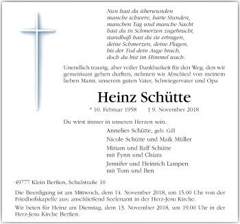 Traueranzeige von Heinz Schütte von Neue Osnabrücker Zeitung GmbH & Co. KG