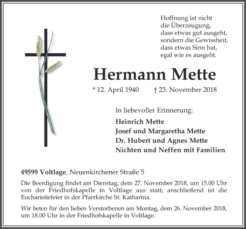  Traueranzeige für Hermann Mette vom 26.11.2018 aus Neue Osnabrücker Zeitung GmbH & Co. KG