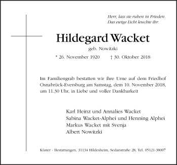 Traueranzeige von Hildegard Wacket von Neue Osnabrücker Zeitung GmbH & Co. KG