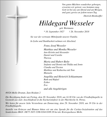 Traueranzeige von Hildegard Wesseler von Neue Osnabrücker Zeitung GmbH & Co. KG