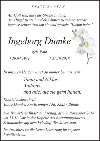 Traueranzeige von Ingeborg Dumke von Neue Osnabrücker Zeitung GmbH & Co. KG