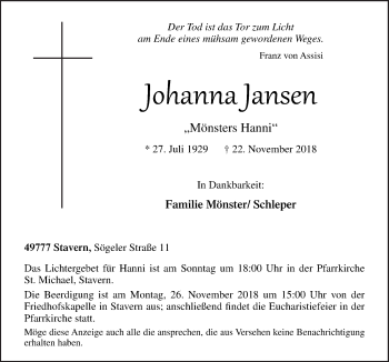 Traueranzeige von Johanna Jansen von Neue Osnabrücker Zeitung GmbH & Co. KG