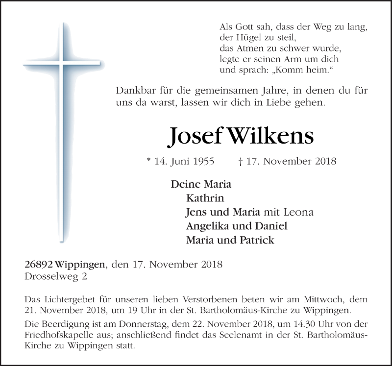  Traueranzeige für Josef Wilkens vom 19.11.2018 aus Neue Osnabrücker Zeitung GmbH & Co. KG