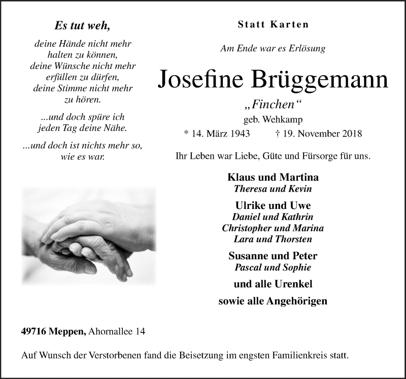  Traueranzeige für Josefine Brüggemann vom 24.11.2018 aus Neue Osnabrücker Zeitung GmbH & Co. KG