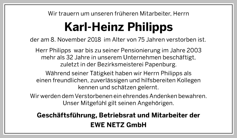  Traueranzeige für Karl-Heinz Philipps vom 15.11.2018 aus Neue Osnabrücker Zeitung GmbH & Co. KG