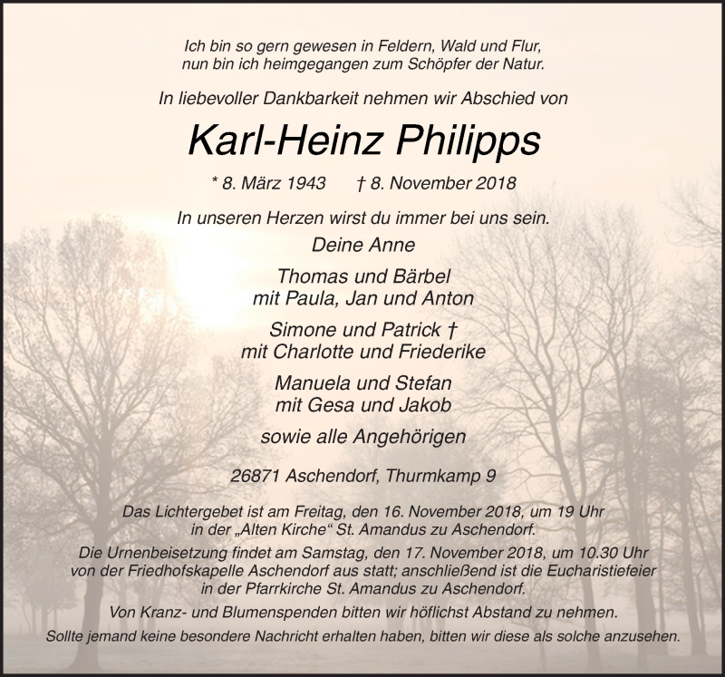  Traueranzeige für Karl-Heinz Philipps vom 12.11.2018 aus Neue Osnabrücker Zeitung GmbH & Co. KG