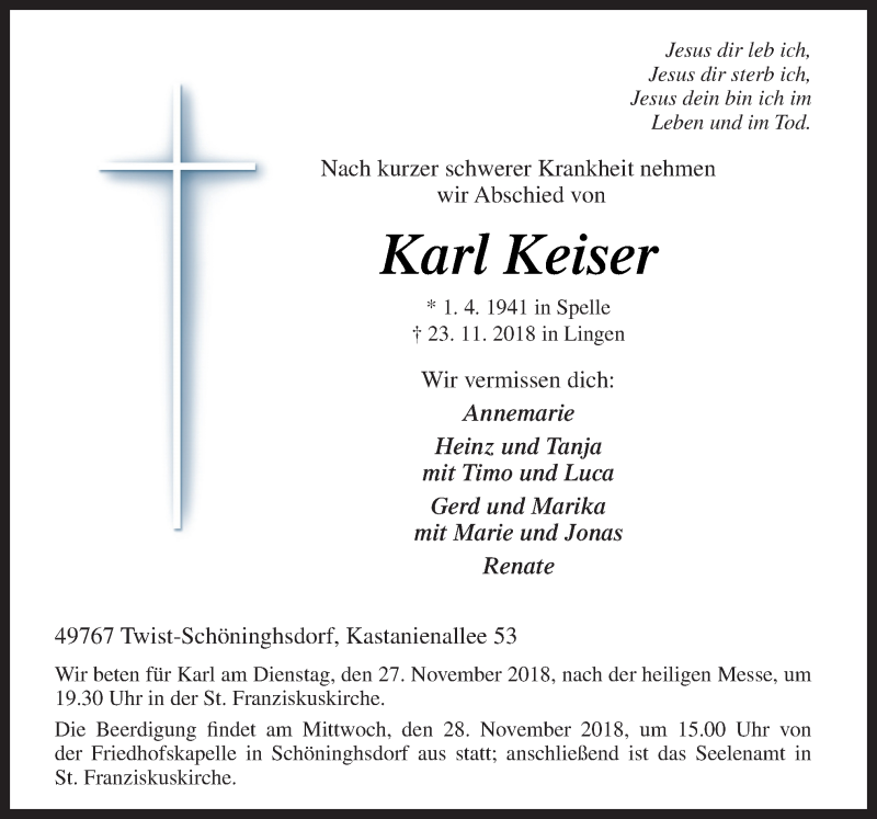  Traueranzeige für Karl Keiser vom 26.11.2018 aus Neue Osnabrücker Zeitung GmbH & Co. KG