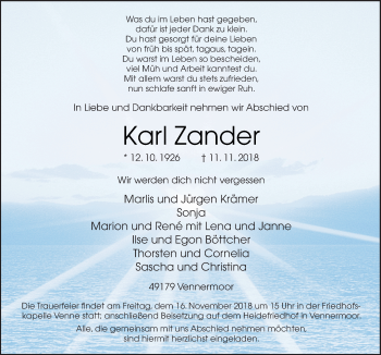 Traueranzeige von Karl Zander von Neue Osnabrücker Zeitung GmbH & Co. KG