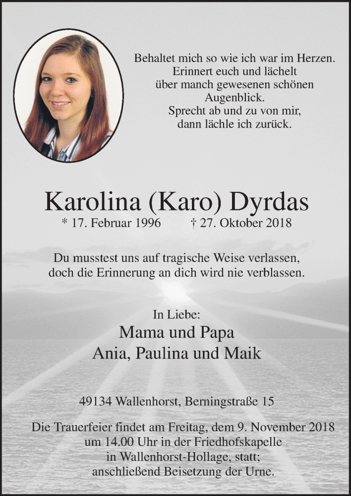  Traueranzeige für Karolina  Dyrdas vom 06.11.2018 aus Neue Osnabrücker Zeitung GmbH & Co. KG