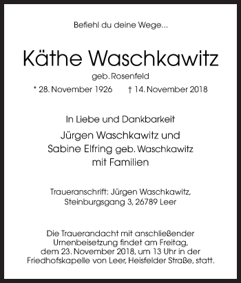 Traueranzeige von Käthe Waschkawitz von Neue Osnabrücker Zeitung GmbH & Co. KG