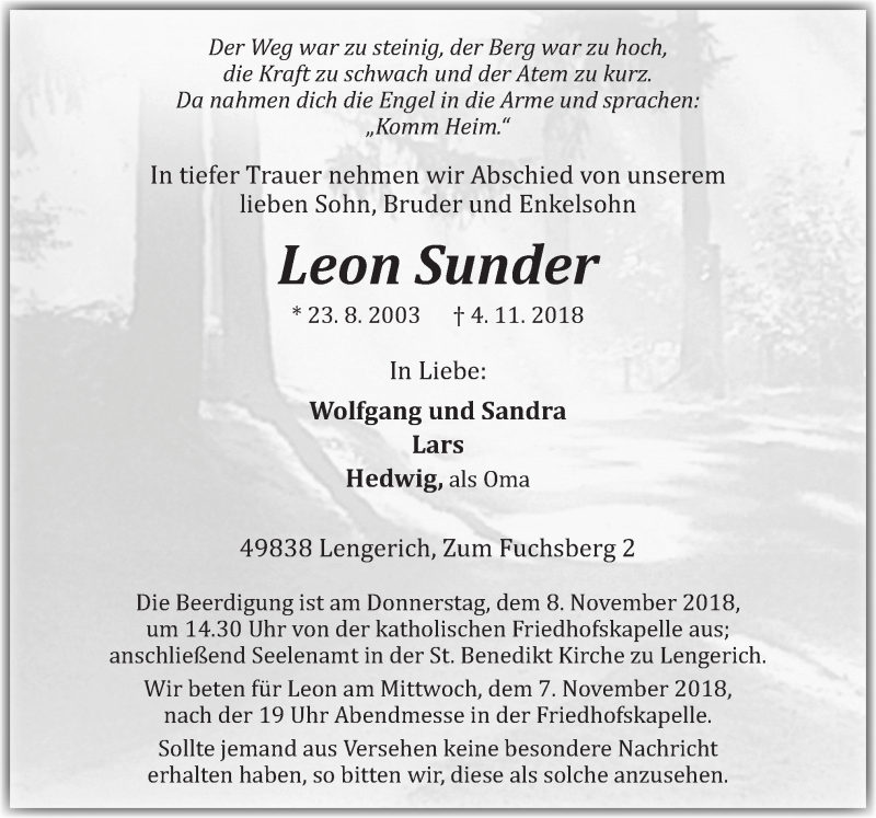 Traueranzeige für Leon Sunder vom 07.11.2018 aus Neue Osnabrücker Zeitung GmbH & Co. KG