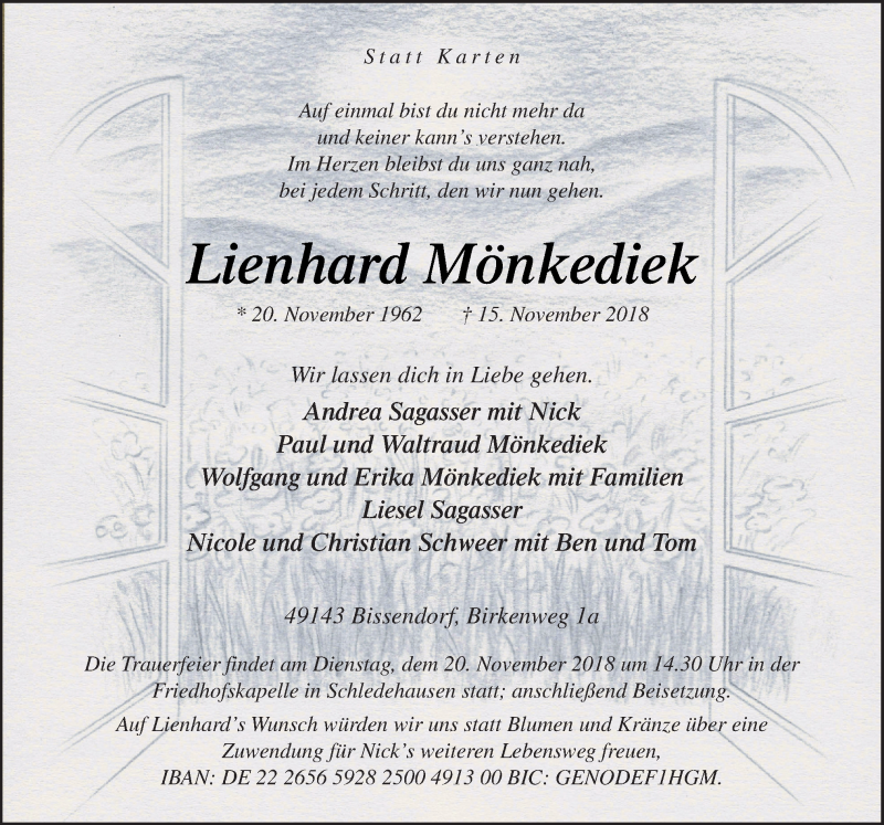  Traueranzeige für Lienhard Mönkediek vom 17.11.2018 aus Neue Osnabrücker Zeitung GmbH & Co. KG