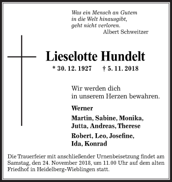 Traueranzeige von Lieselotte Hundelt von Neue Osnabrücker Zeitung GmbH & Co. KG