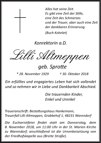 Traueranzeige von Lilli Altmeppen von Neue Osnabrücker Zeitung GmbH & Co. KG