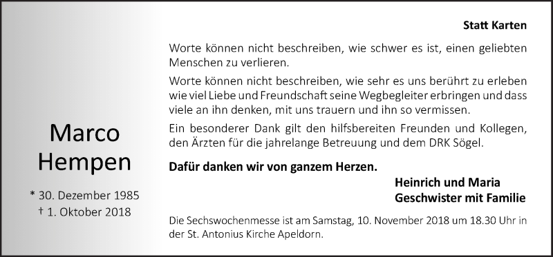  Traueranzeige für Marco Hempen vom 03.11.2018 aus Neue Osnabrücker Zeitung GmbH & Co. KG
