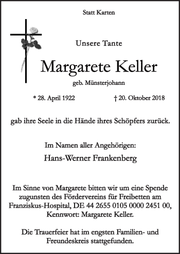 Traueranzeige von Margarete Keller von Neue Osnabrücker Zeitung GmbH & Co. KG