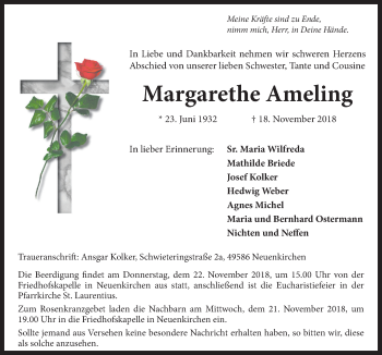 Traueranzeige von Margarethe Ameling von Neue Osnabrücker Zeitung GmbH & Co. KG