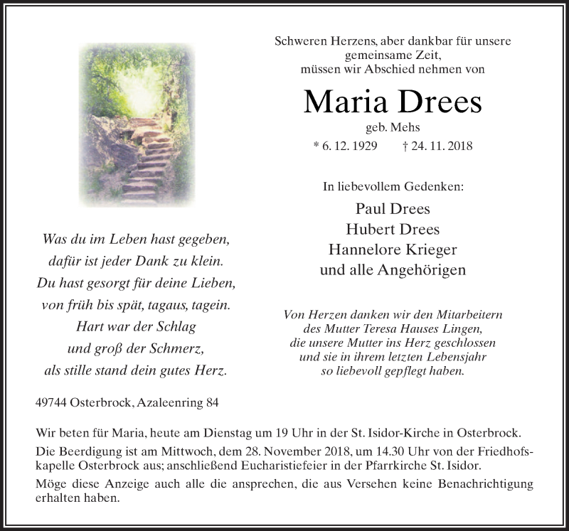 Traueranzeigen Von Maria Drees | Noz Trauerportal