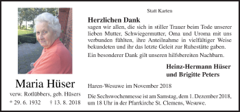 Traueranzeige von Maria Hüse von Neue Osnabrücker Zeitung GmbH & Co. KG