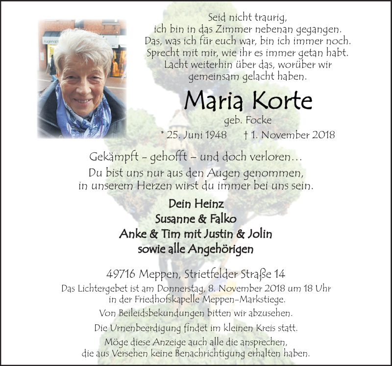  Traueranzeige für Maria Korte vom 06.11.2018 aus Neue Osnabrücker Zeitung GmbH & Co. KG