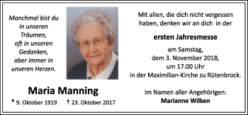 Traueranzeige von Maria Manning von Neue Osnabrücker Zeitung GmbH & Co. KG