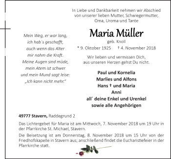 Traueranzeige von Maria Müller von Neue Osnabrücker Zeitung GmbH & Co. KG