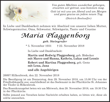 Traueranzeige von Maria Plaggenborg von Neue Osnabrücker Zeitung GmbH & Co. KG